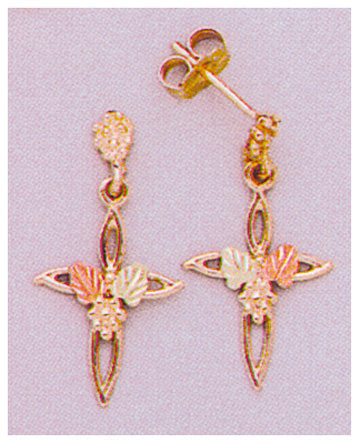 Solid 10kt Three Tone, Cross with Leaves Stud Dangle Earrings (1 Set), Red and Green Leaves, 642-434