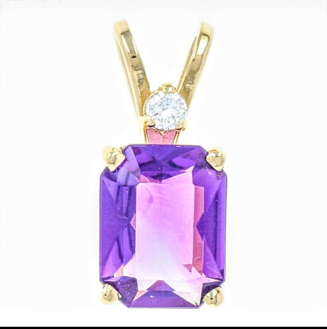 Solid Sterling Silver or Gold Natural Amethyst Pendant with Chain, Natural Diamond Accented, 6x4-12x10 Emerald Cut, Custom Made