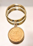 Genuine 2 Dos Peso Dangle Coin Ring in solid 14kt Gold Setting and Ring, Dos Peso Ring, Coin Ring, Dangle Ring, Made in USA Size 4-8
