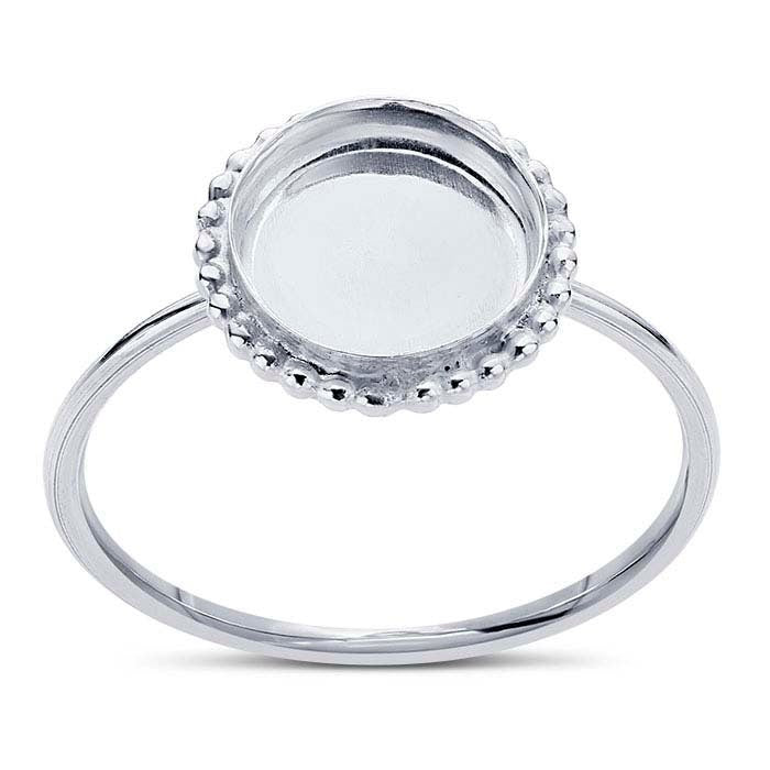 Sterling Silver 8mm, 10mm, 12mm Beaded-Edge Round Cabochon Ring