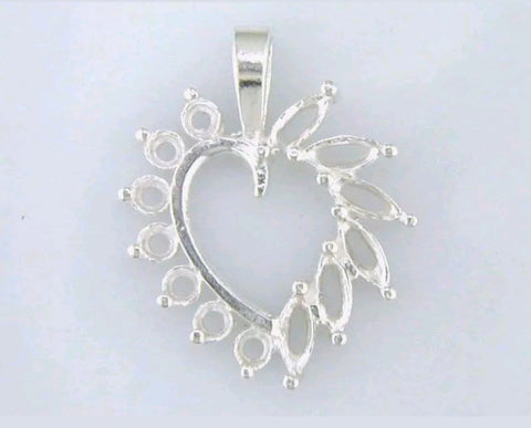 Solid Sterling Silver or 14k Gold 13 Stone Fancy Heart Pendant Setting, Round and Marquise, New, Made in USA 161-276/141-276