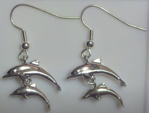 NEW Solid Sterling Silver 3D Dolphin Dangle Earrings, Medium and Small Dolphin, Dolphin Jewelry, Beach Earrings, Ocean Earrings, 265-408