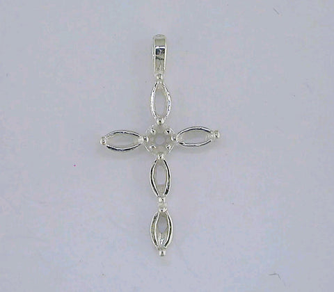 Solid Sterling Silver or 14kt Gold Multi Stone Marquise Cross Pendant Setting with Accent, New, Made in USA 161-738