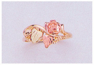 Solid 10kt Three Tone Gold Red Rose with Green and Red Leaves Blank Ring Size 5-8 shank setting, Prospector Gold, 643-635