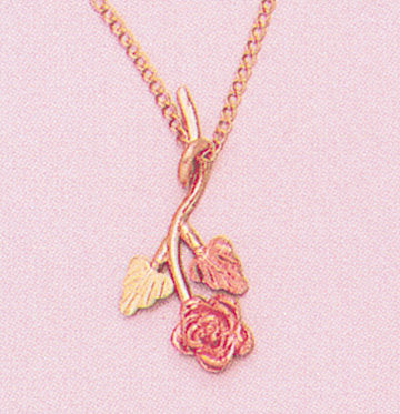 Solid 10kt Three Tone, Stem Rose with Two Leaf Pendant, Red and Green Leaves, Includes 18" Chain, 641-940/644-940
