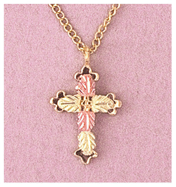 Solid 10kt Three Tone, Petite Cross with Five Leaves Pendant, Red and Green Leaves, Includes 18" Chain, 641-948/644-948