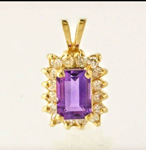 Solid Sterling Silver or Gold Natural Amethyst Halo Pendant with Chain, Cluster Accented, White Topaz 6x4-10x8 Emerald Cut, Custom Made
