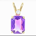 Solid Sterling Silver or Gold Natural Amethyst Pendant with Chain, Natural Diamond Accented, 6x4-12x10 Emerald Cut, Custom Made