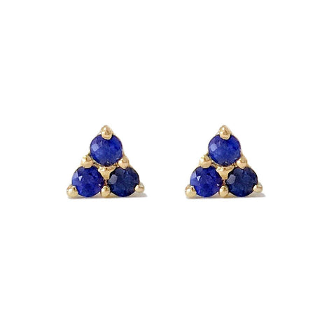 Solid Sterling Silver or 14kt Gold Natural (Genuine) 2mm-5mm Round Triple Blue Sappire Earrings, Studs, Trinity Cluster,  Fine Earrings
