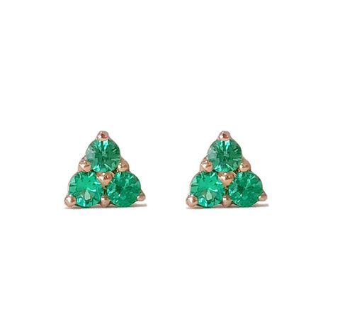 Solid Sterling Silver or 14kt Gold Natural (Genuine) 2mm-5mm Round Triple Emerald Earrings, Tri-stone Studs, Trinity Cluster,  Fine Earrings