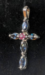 Solid Sterling Silver, Solid or Plated 14kt Gold Natural Blue Sapphire and Ruby Cross Cluster Pendant, Custom Made, Religious