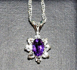 Solid Sterling Silver or Solid Gold Natural Amethyst Cluster Pendant with Chain, 7x5-10x8 Oval Cut, Flower, Dangle Pendant, Custom Made