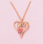 Solid 10kt Three Tone, Heart Dangle with Two Leaf Pendant, Red and Green Leaves, Includes 18" Chain, 641-917/644-917