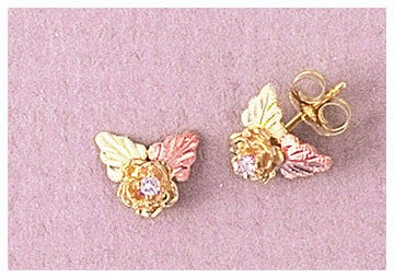 Solid 10kt Three Tone, Rose With Leaves Earrings With Natural Diamond Accent (1 Set) Petite Earrings, Small Earrings, 642-640