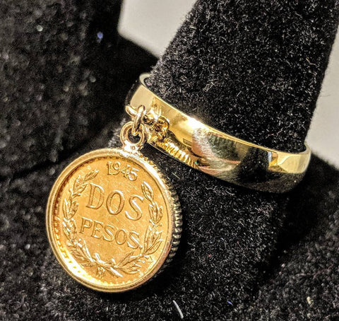 Genuine 2 Dos Peso Dangle Coin Ring in solid 14kt Gold Setting and