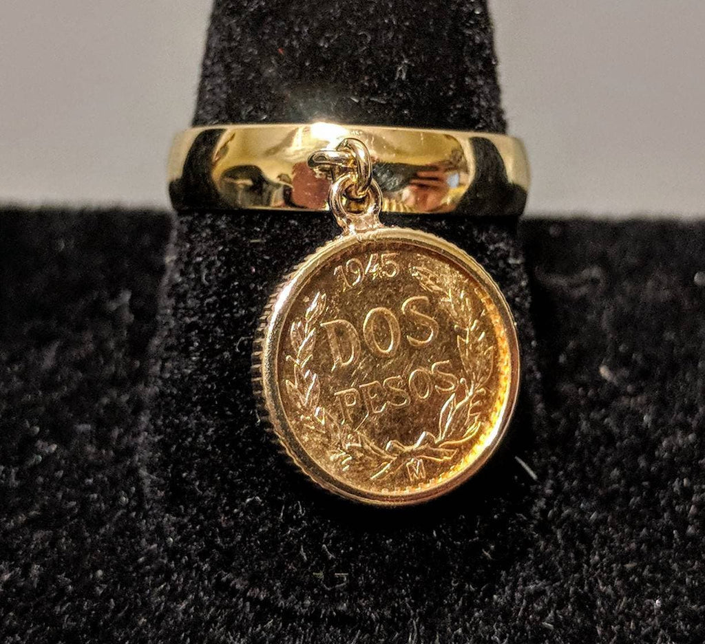 Genuine 2 Dos Peso Dangle Coin Ring in solid 14kt Gold Setting and