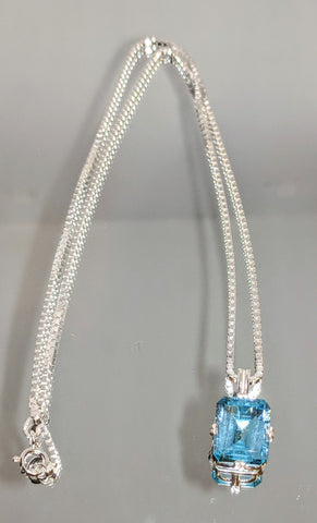 Solid Sterling Silver or Solid 14kt White or Yellow Gold Natural Swiss Blue Topaz 10x8 Emerald Cut Pendant With Chain, VVS, Valentines Day
