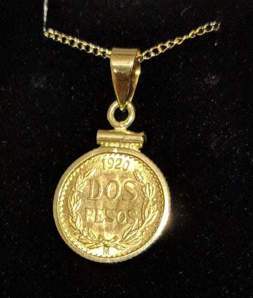 Genuine Dos Peso Dangle Coin Pendant in solid 14kt Gold Setting