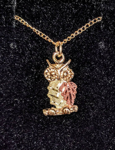 Solid 10kt Three Tone, Owl with Two Leaf Pendant, Red and Green Leaves, Includes 18" Chain, 641-929/644-929