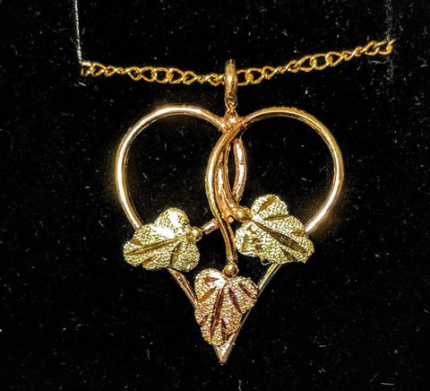 Solid 10kt Three Tone, Heart with Three Leaf Pendant, Red and Green Leaves, Includes 18" Chain, 641-905/644-905
