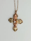 Solid 10kt Three Tone, Five Leaf Cross With Natural Diamond Accent, Red and Green Leaves, Includes 18" Chain, 641-949/644-949
