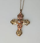 Solid 10kt Three Tone, Five Leaf Cross With Natural Diamond Accent, Red and Green Leaves, Includes 18" Chain, 641-949/644-949