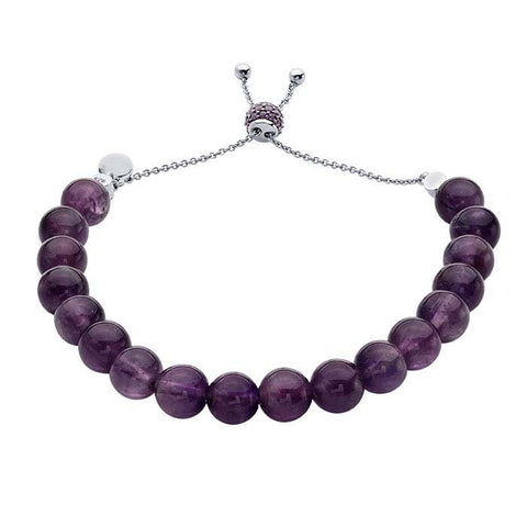 Sterling Silver Rhodium-Plated Amethyst Bead Bracelet, Adjustable, Round, Gifts For Her, 616017