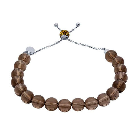 Sterling Silver Rhodium-Plated Smokey Quartz Bead Bracelet, Adjustable, Round, Gifts For Her, 616015