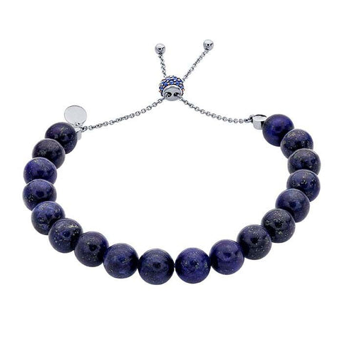 Sterling Silver Rhodium-Plated Lapis Lazuli Bead Bracelet, Adjustable, Round, Gifts For Her, 616018