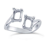 Sterling Silver Two-Stone 7x5 Octagon Bypass Ring Mounting, Emerald Cut Faceted, 4 Prong Blank Ring Size 7 or 8