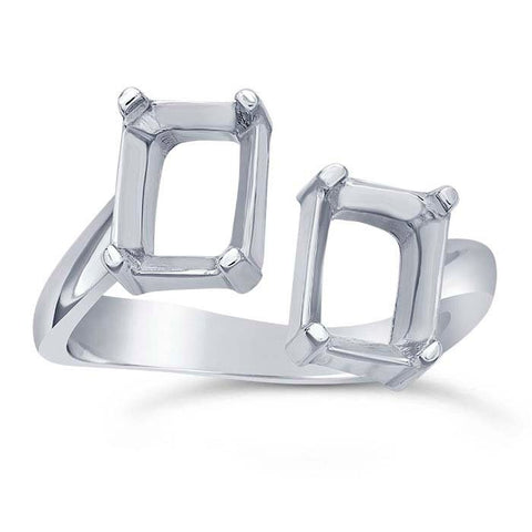 Sterling Silver Two-Stone 8x6 Octagon Bypass Ring Mounting, Emerald Cut Faceted, 4 Prong Blank Ring Size 8