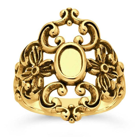 14K Yellow Gold Filigree 6 x 4mm Round Cabochon Ring Mounting, blank Cab (Cabochon) setting Size 6, 7, or 8