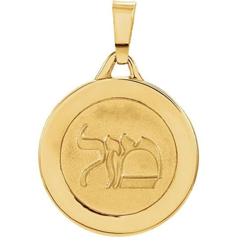 14K Yellow 15 mm Round Mazel Good Luck Medal. Solid Gold